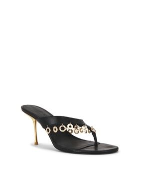 Cult Gaia Gaia Black Leather Charm Thong Mule Heels Gold Stiletto Sandals